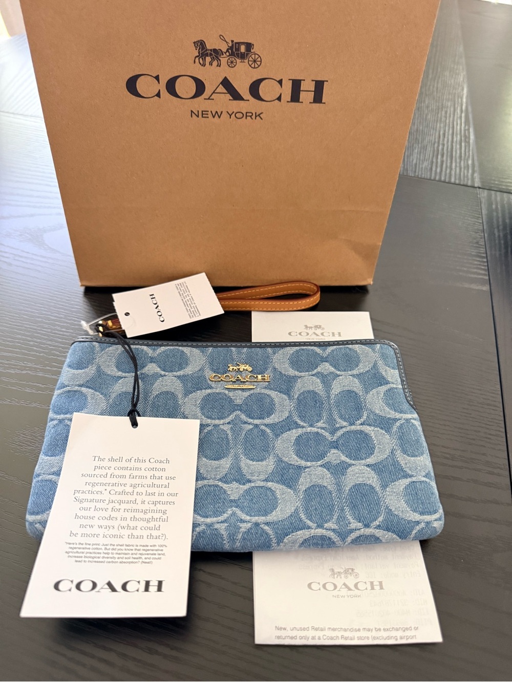 NWT Coach Large Corner Zip Wristlet/Clutch in Signature Denim Gold Indigo CDE82